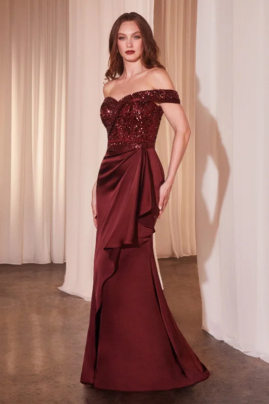 Trendy wedding guest dresses with cut-out details for added drama -Beaded Satin Fitted Off Shoulder Gown by Ladivine CR877