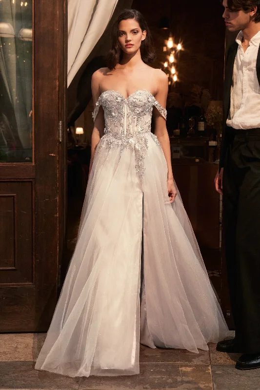 plus size cocktail dresses with long sleeves for winter parties --White Off Shoulder A-line Gown by Ladivine KV1126W