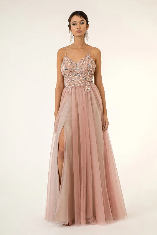 cocktail dresses with sequin skirts for party nights --Beaded Sleeveless Slit Gown by Elizabeth K GL2983