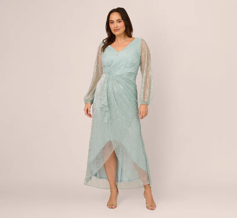 formal dresses for post-surgery patients with easy closures --Plus Size Crinkle Metallic Gown With Sheer Bishop Sleeves And Draped Details In Mint Smoke
