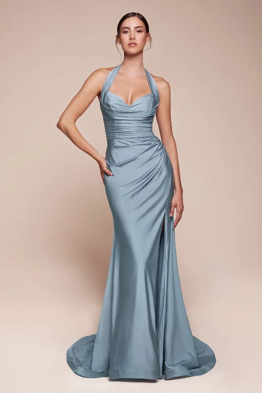 bridesmaid dresses with open backs for summer weddings --Satin Fitted Long Halter Slit Dress by Ladivine CD796 - Outlet