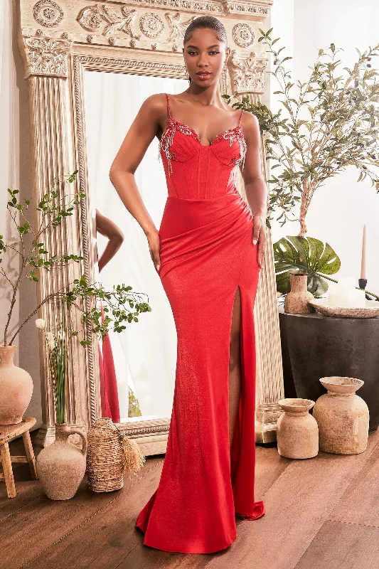 formal dresses for holiday parties in jewel tones --Fitted Beaded Sleeveless Corset Slit Gown by Ladivine OC021