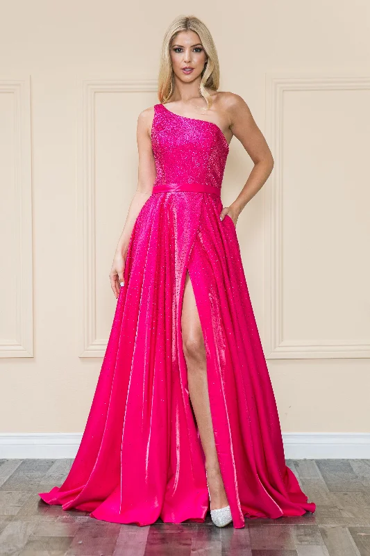 cocktail dresses with mesh sleeves for subtle coverage --One Shoulder Iridescent Gown by Poly USA 8920
