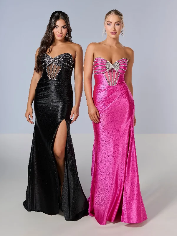 formal dresses with floral embroidery for spring occasions --Beaded Fitted Strapless Slit Gown by Tiffany Designs 16199