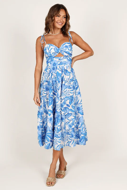 Wedding guest dresses with high-low hemlines for modern flair -Rose Midi Dress - Blue/White