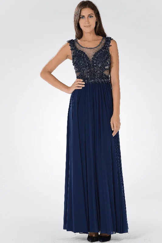 cocktail dresses with lace trims for delicate accents --Long Illusion Dress with Beaded Bodice by Poly USA 7516