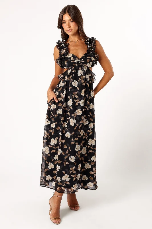 formal dresses with satin fabric for smooth finish --Lucah Frill Shoulder Maxi Dress - Black Floral