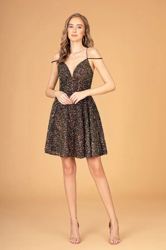 Graduation dresses with detachable skirts for versatility -Short Sequin Cold Shoulder Dress by Elizabeth K GS3097