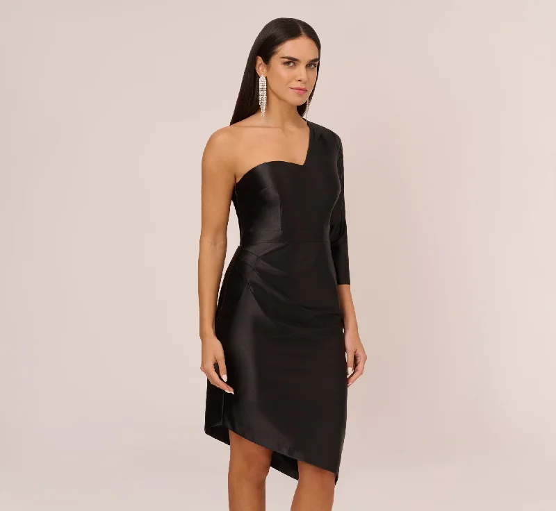 Comfortable wedding guest dresses for long days -One Shoulder Satin Midi Dress With Three-Quarter Sleeve In Black