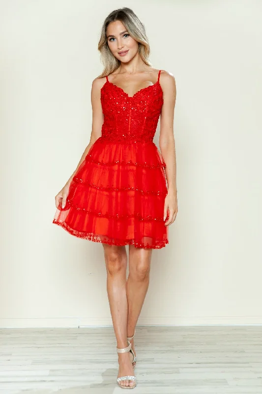Trendy black cocktail dresses for formal gatherings -Applique Short A-line Tiered Dress by Poly USA 9592