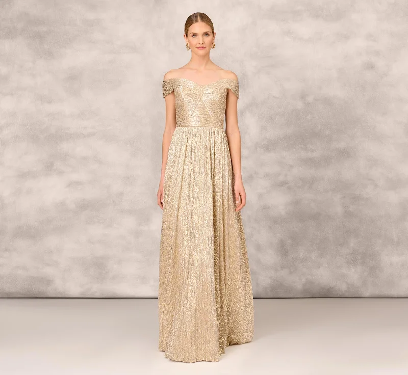 formal dresses for women with disabilities featuring magnetic closures --Off The Shoulder Metallic Foiled Metallic Pleated Mesh Long A-Line Ball Gown In Gold