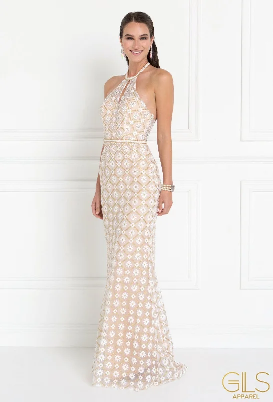 cocktail dresses with lace trims for delicate accents --Long Halter Floral Print Dress by Elizabeth K GL1548