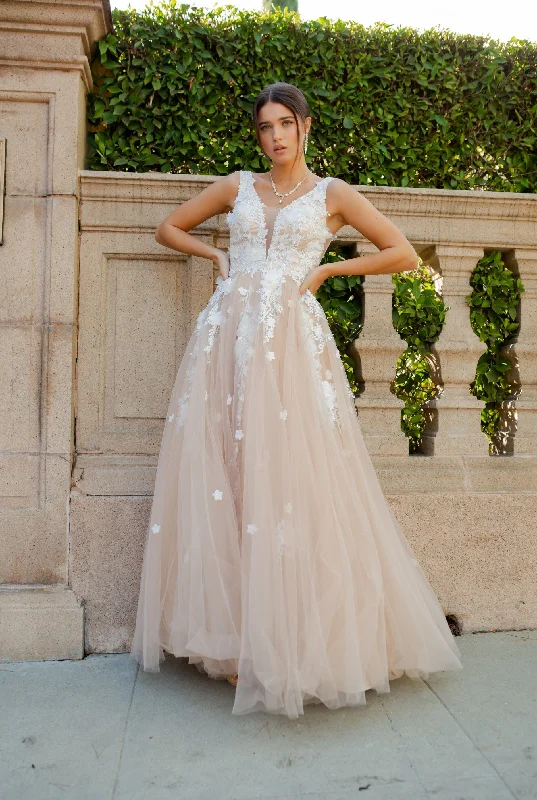cocktail dresses with layered tulle skirts for volume --3D Floral V-Neck Tulle Gown by Cinderella Couture 8040J