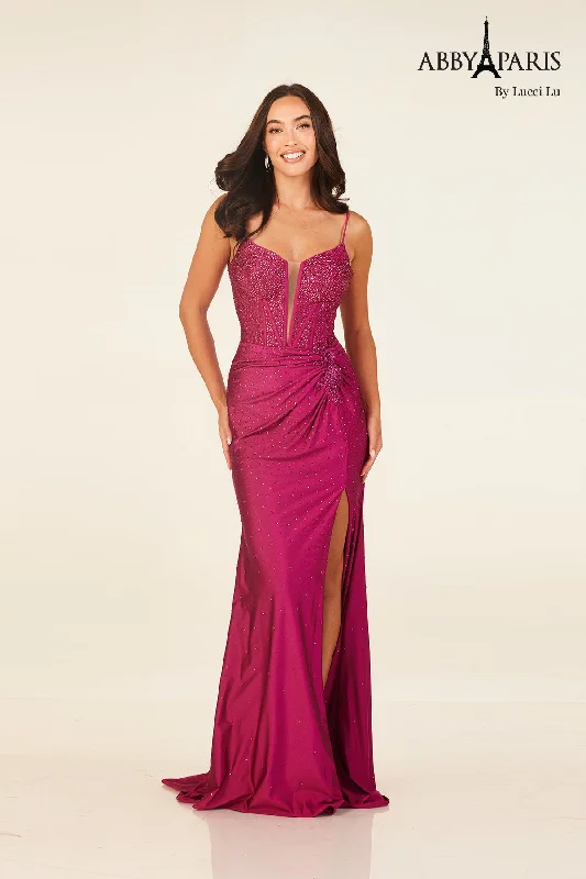 cocktail dresses with floral appliques for spring vibes --Beaded Jersey Corset Slit Gown by Abby Paris 90313
