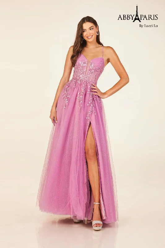 cocktail dresses with mesh inserts for edgy style --Applique Corset A-line Slit Gown by Abby Paris 90336