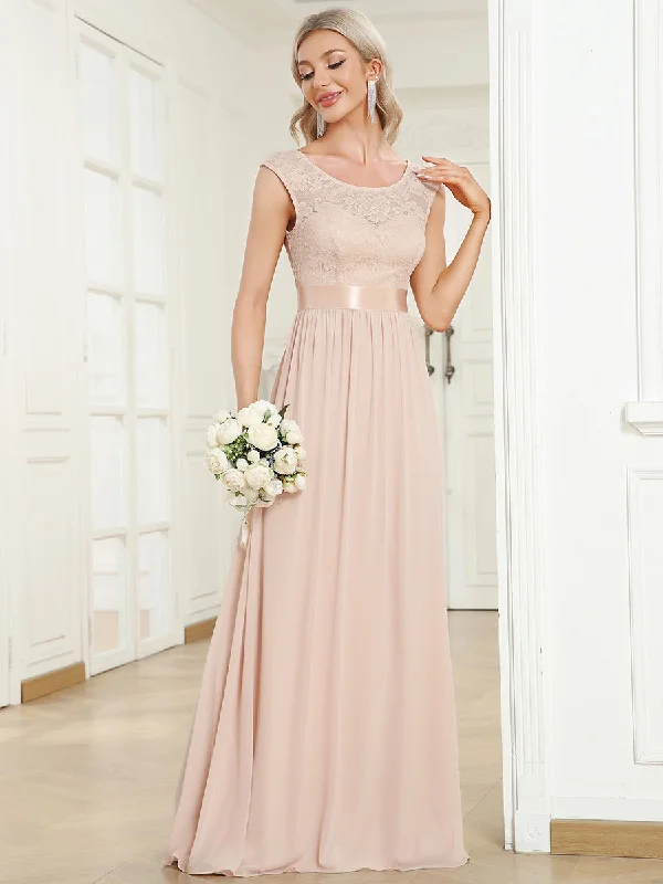 Dazzling gold cocktail dresses for holiday parties -Wholesale V Back Belted Lace & Chiffon Bridesmaid Dresses
