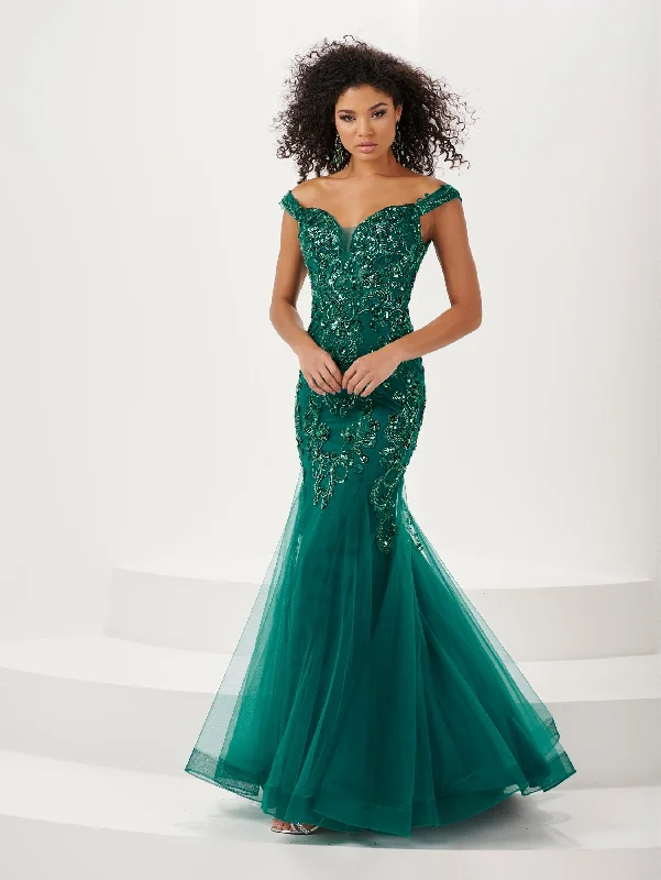 cocktail dresses for petite women with A-line skirts --Sequin Applique Off Shoulder Mermaid Dress by Panoply 14185