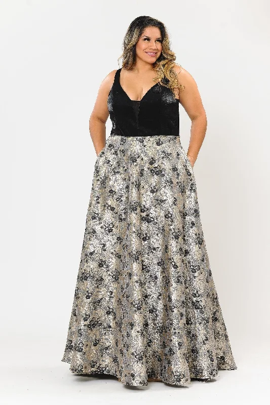 Stunning wedding guest dresses for festive wedding receptions -Plus Size Long V-Neck Dress with Print Skirt by Poly USA W1012