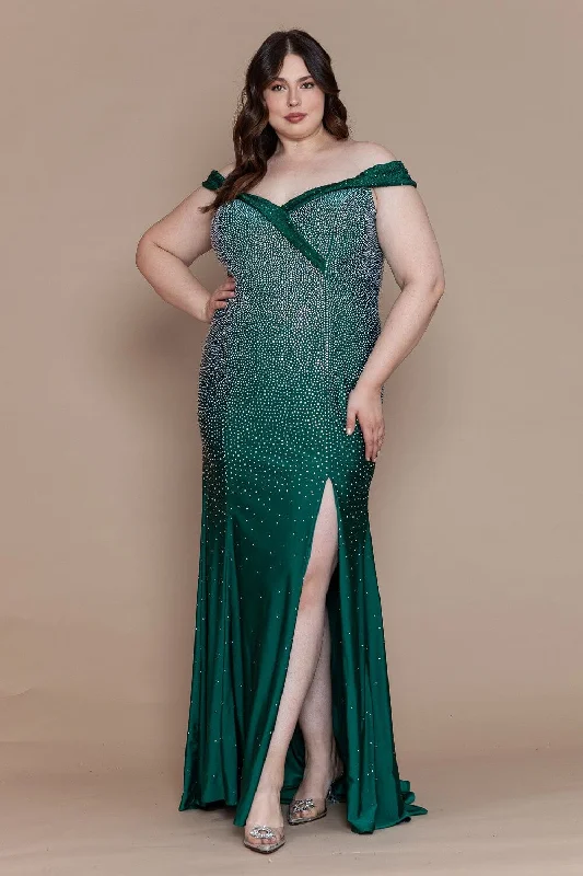 Wedding guest dresses for tropical beach weddings -Curve Fitted Off Shoulder Rhinestone Gown by Poly USA W1120