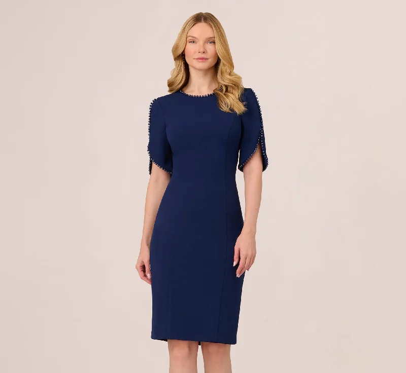 Simple spring dresses for easy styling with accessories -Crepe Midi Length Sheath Dress With Pearl Trimmed Sleeves In Navy Sateen