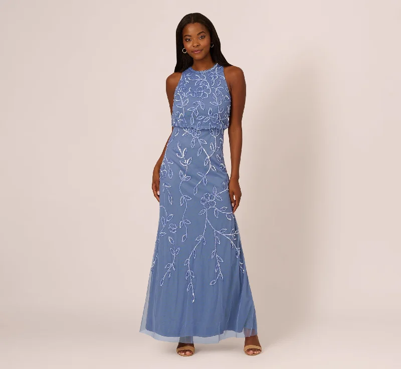 formal dresses with pockets for convenience and style --Sleeveless Blouson Mermaid Gown With Jasmine Beading In French Blue