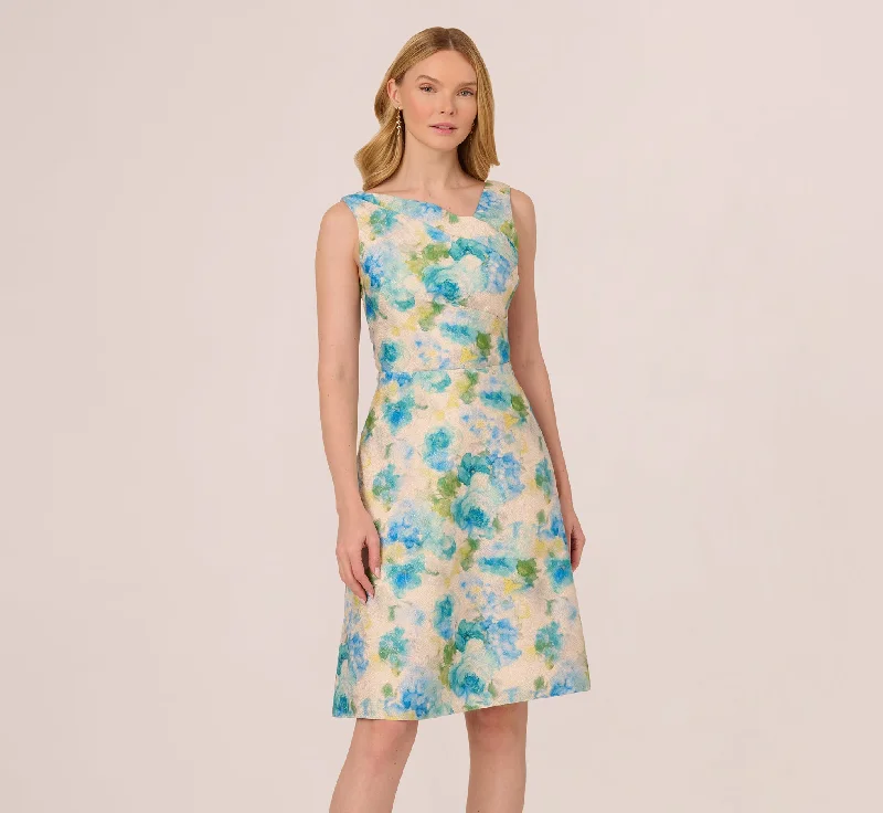 Affordable spring dresses for every occasion -Sleeveless Asymmetrical Floral Jacquard Midi Dress In Ivory Blue Multi