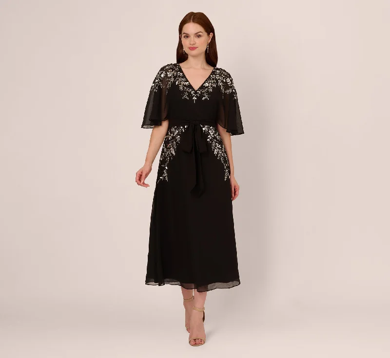 Wedding guest dresses that pair perfectly with neutral shoes -Beaded Chiffon Ankle Length Gown With Dolman Sleeves In Black