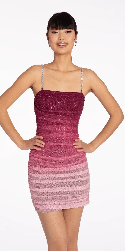 Graduation dresses for evening events with luxurious fabrics -Ombre Glitter Mesh Bodycon Dress with Rhinestone Straps