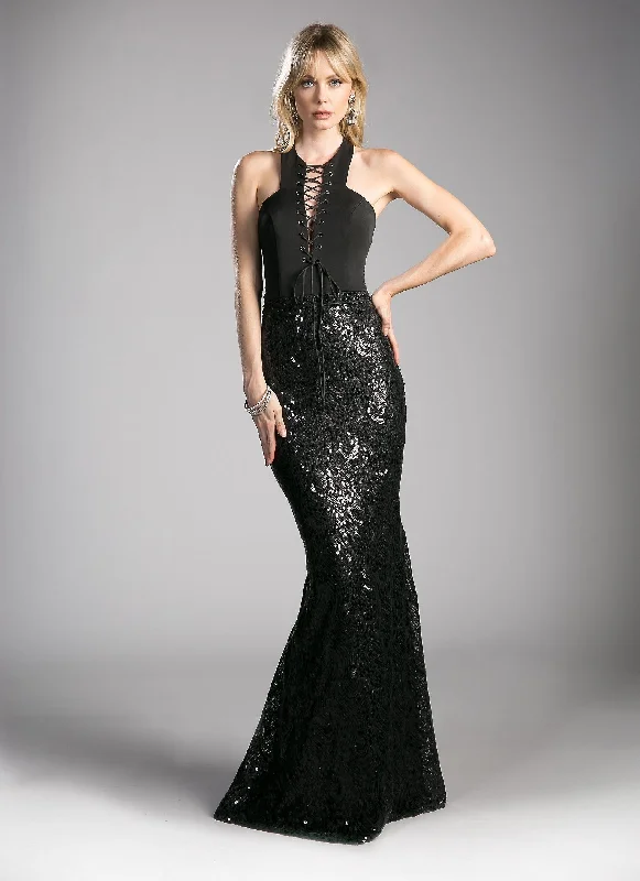 cocktail dresses with satin bows for elegant detail --Sequined Long Black Halter Dress by Cinderella Divine 62495