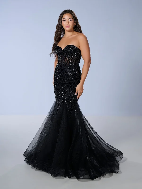 formal dresses for maternity with stretchy waistbands --Beaded Strapless Mermaid Dress by Tiffany Designs 16170