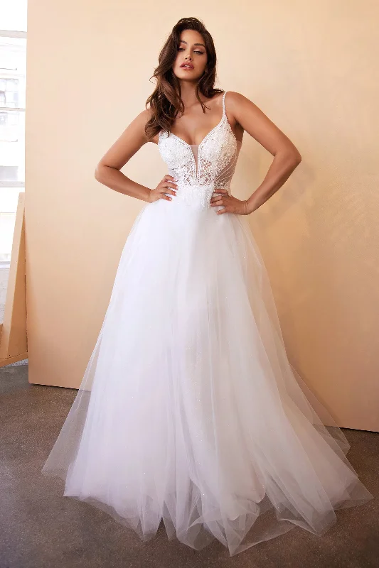 cocktail dresses with floral patterns for spring events --White Applique Tulle Gown by Cinderella Divine CD0195W