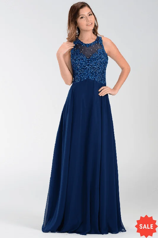 formal dresses for young adults with trendy cuts --Long Chiffon Dress with Lace Applique Top by Poly USA 7454