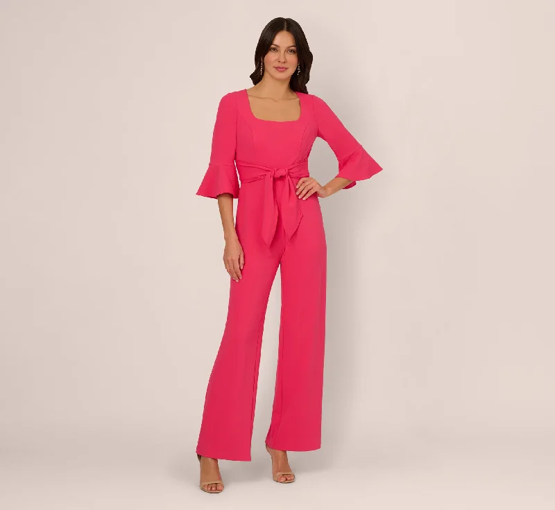 Spring dresses for a beach party with stylish cuts -Knit Crepe Wide Leg Jumpsuit With Bell Sleeves In Camellia