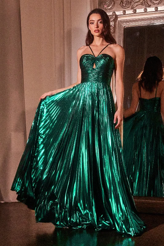 cocktail dresses with asymmetrical necklines for fashion-forward --Pleated Halter Metallic Lame A-line Slit Gown by Ladivine C153