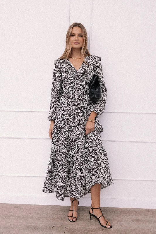Long-sleeve spring dresses for outdoor gatherings -Sophie Long Sleeve Maxi Dress - Black/Ivory