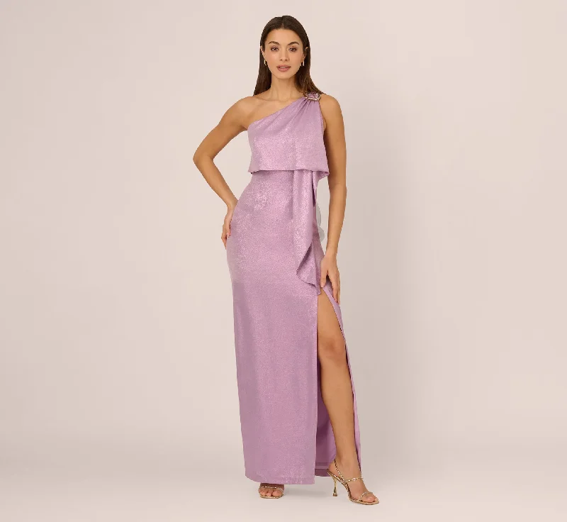 formal dresses with chiffon overlays for soft flow --One Shoulder Foil Draped Popover Gown In Light Purple