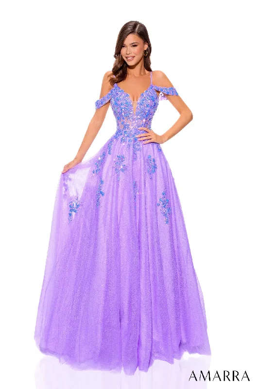 cocktail dresses with off-shoulder necklines for feminine charm --Sequin Applique Cold Shoulder Ball Gown by Amarra 88875