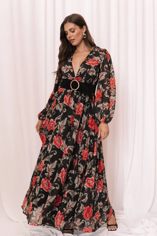 Vibrant wedding guest dresses for summer celebrations -Anisa Maxi Dress - Black Floral