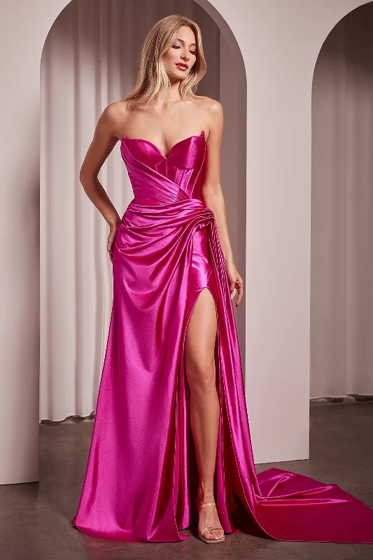 cocktail dresses with embroidered bodices for intricate detail --Satin Fitted Strapless Slit Gown by Ladivine CD379