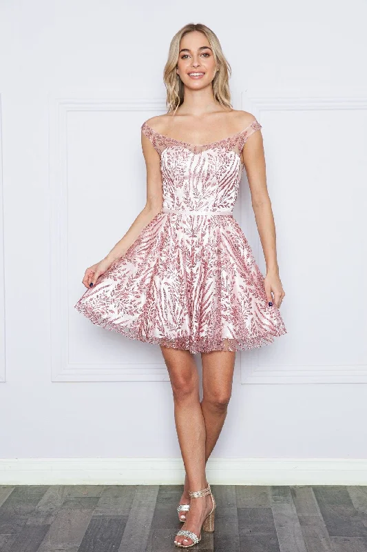 Graduation dresses with a fitted waist for a flattering shape -Glitter Print Short Off Shoulder Dress by Poly USA 9204