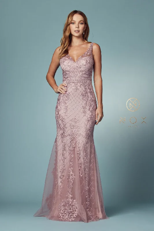 Wedding guest dresses in feminine floral prints -Embroidered Sleeveless Mermaid Dress by Nox Anabel A398