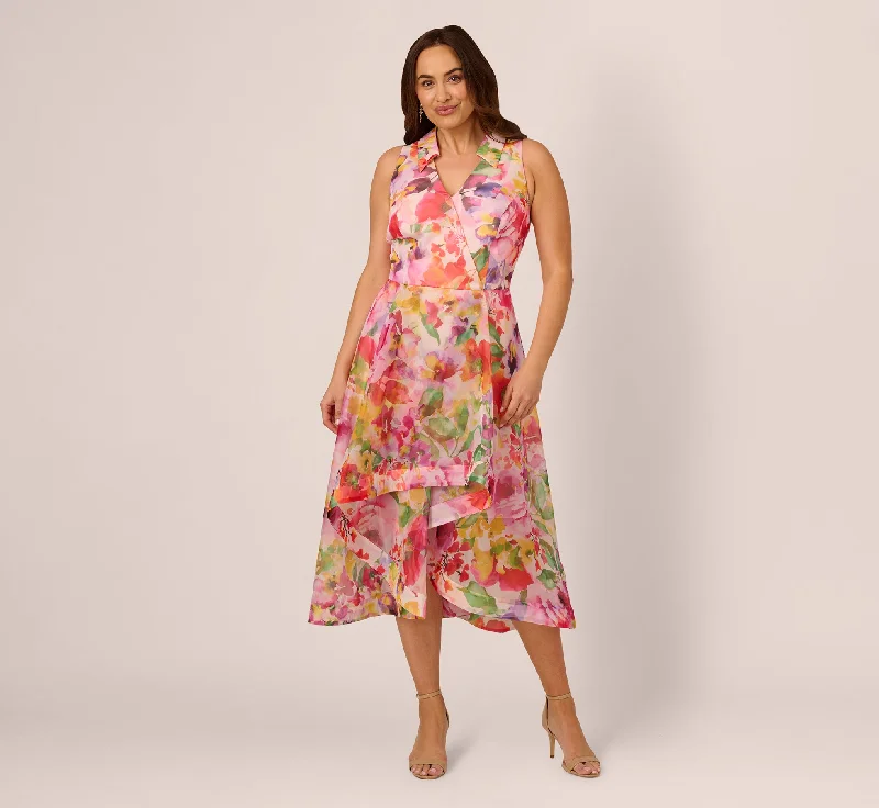 Best wedding guest dresses for formal winter weddings -Plus Size Sleeveless Floral Organza Collared High Low Dress In Pink Multi