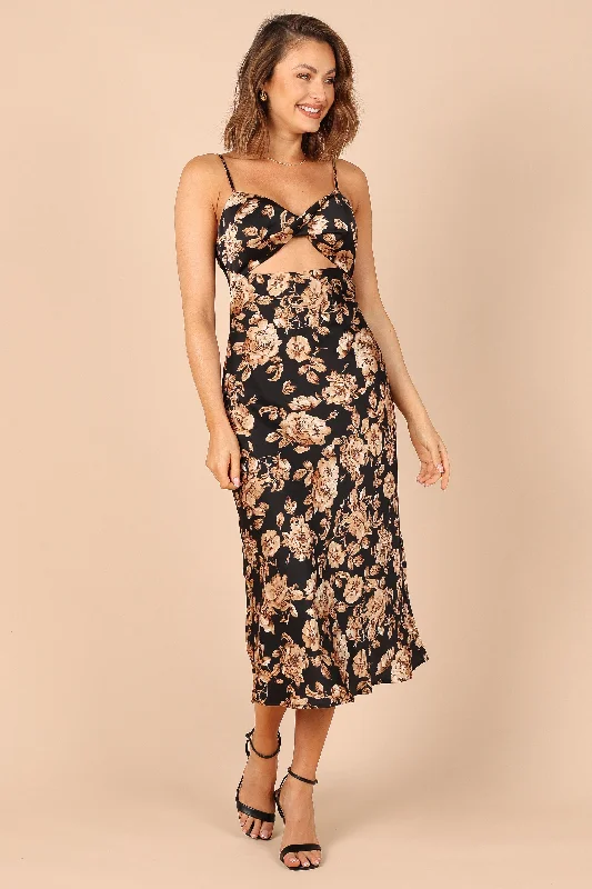 formal dresses with mesh sleeves for subtle coverage --Saga Cut Out Midi Dress - Black Floral