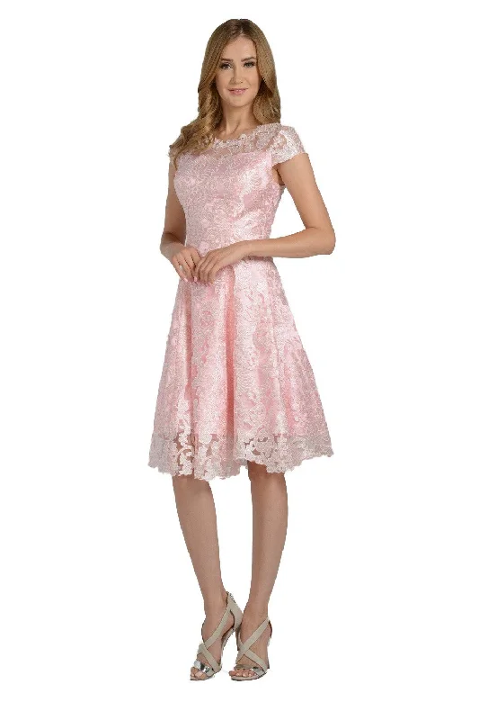 bridesmaid dresses with chiffon overlays for soft flow --Short Knee Length Lace Dress with Short Sleeves by Poly USA 8090