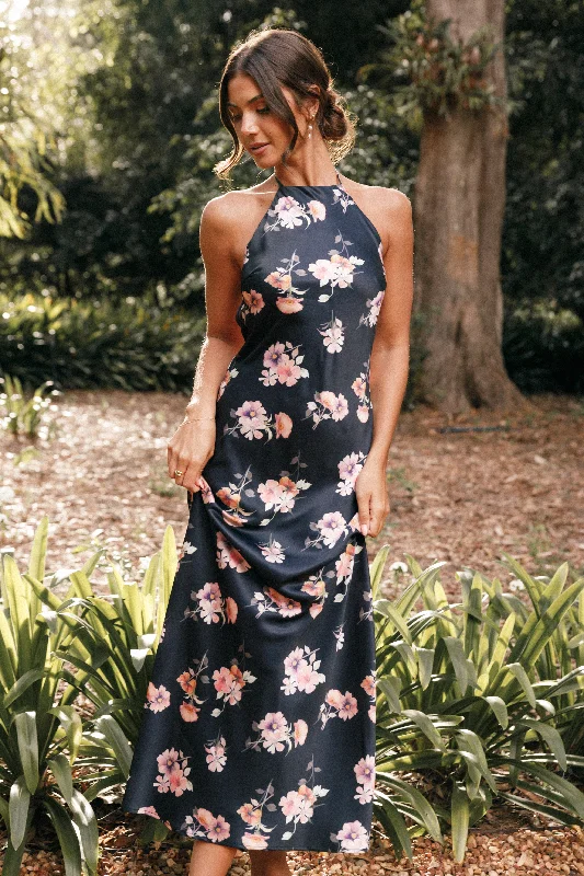 formal dresses for post-surgery patients with easy closures --Hadley Halterneck Maxi Dress - Black Floral