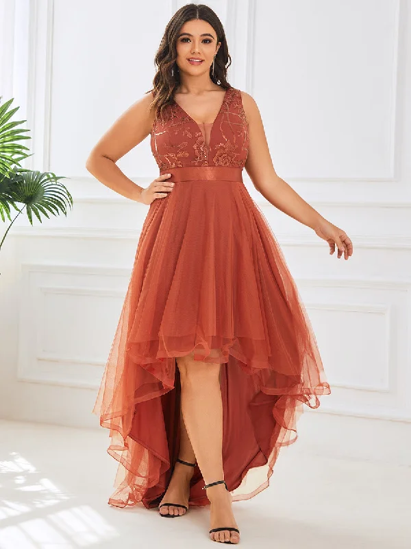 Elegant off-shoulder dresses for black-tie events -Plus High-Low V Neck Tulle Wholesale Prom Dresses with Sequin Appliques
