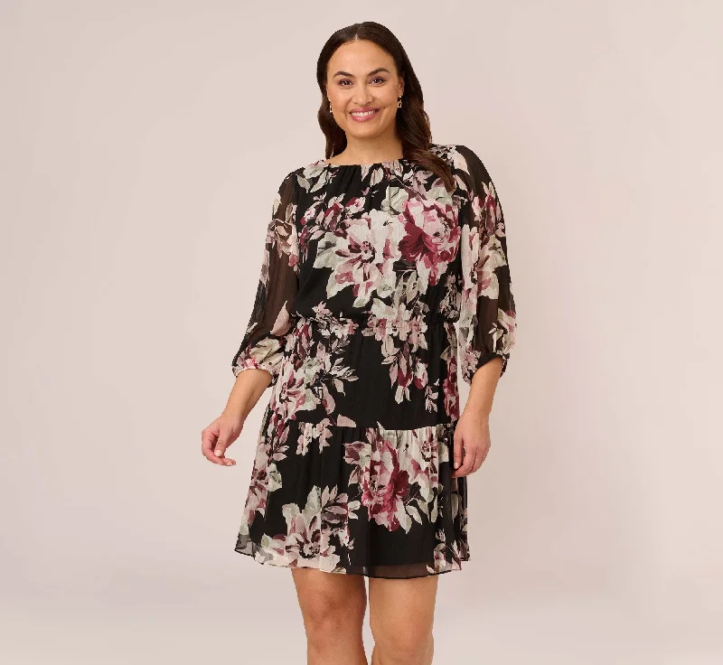 Light spring dresses for cool evenings -Plus Size Floral Chiffon Dress With Three Quarter Length Sleeves In Black Multi