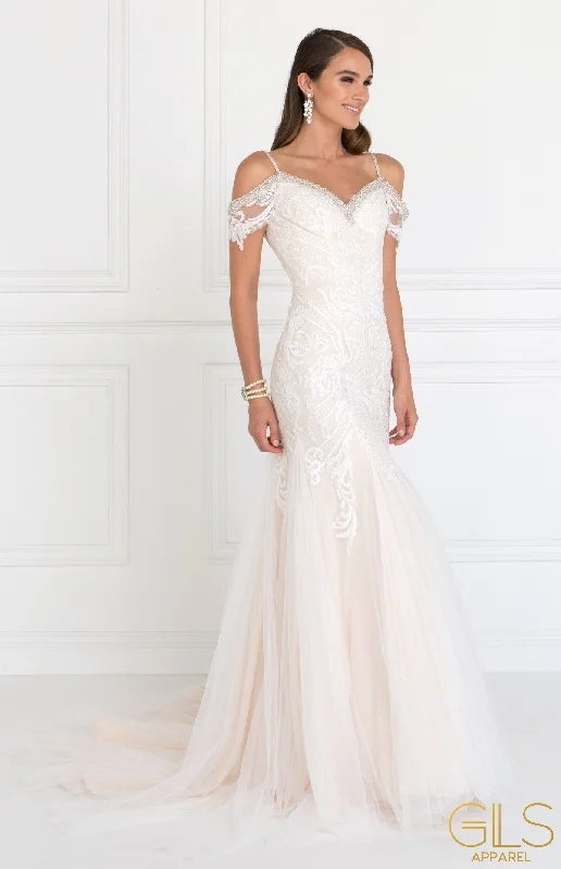 Best wedding guest dresses for evening galas -Long Cold Shoulder Ivory Wedding Dress by Elizabeth K GL1513