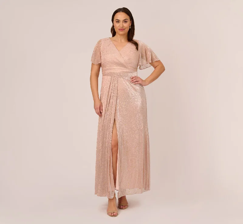 formal dresses with side slits for ease of movement --Plus Size Metallic Mesh Draped Gown In Rose Gold