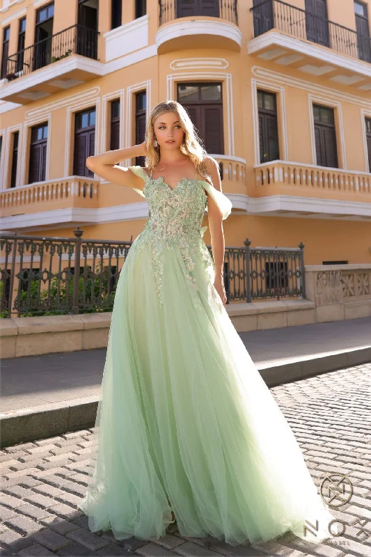 formal dresses for students attending award ceremonies --Butterfly Applique Off Shoulder Gown by Nox Anabel J1324